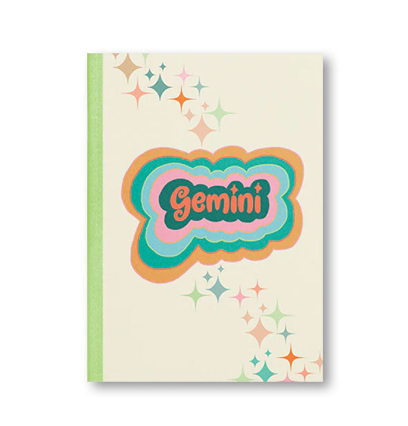 Notebook cover with green binding, colorful stars, and colorful radiant lettering that reads, "Gemini"