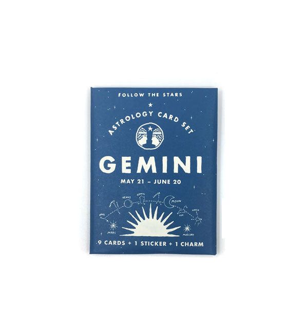 Blue and white pack of Follow the Stars Astrology Cards representing the zodiac sign Gemini