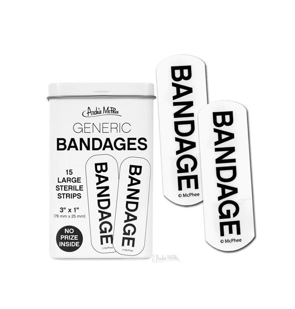 White tin of Archie McPhee Generic Bandages with two bandages to the right
