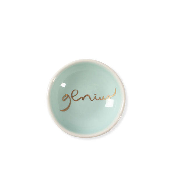 Small rond aqua dish says, "Genius" in the bottom in metallic gold script
