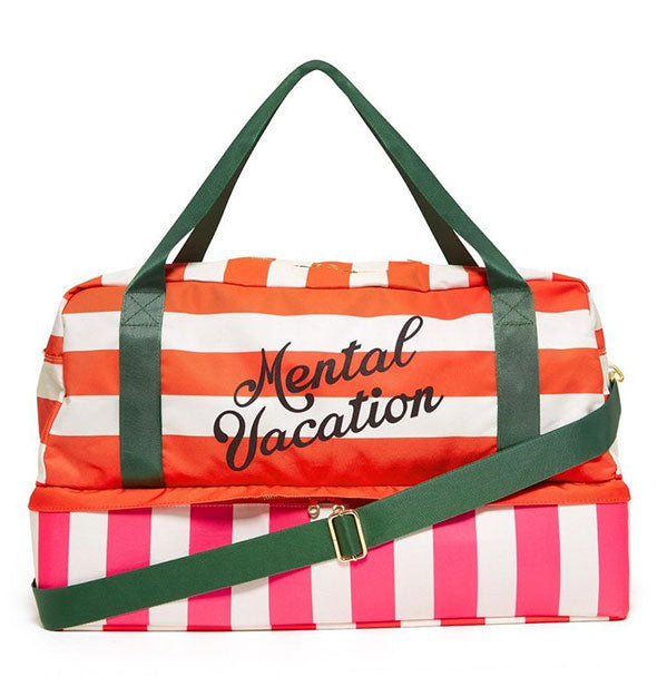 Red, pink, and white striped Mental Vacation bag with green straps