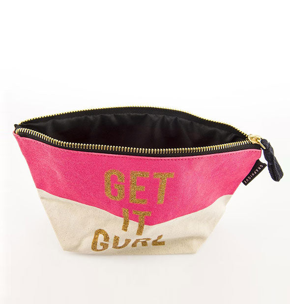 Get It Gurl pouch shown from above unzipped to reveal black interior