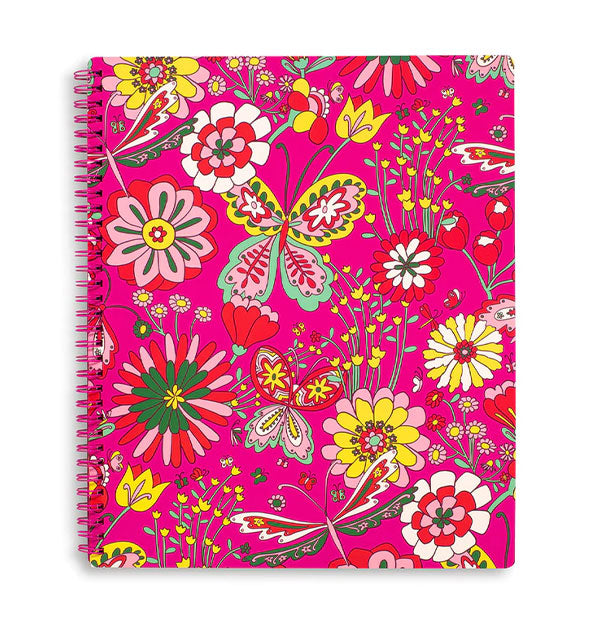 Rectangular pink spiral-bound pocket folder with colorful floral and butterfly design