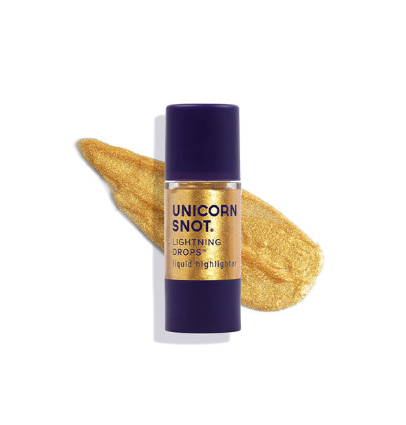 Bottle of Unicorn Snot Lightning Drops Liquid Highlighter in the shade Goddess with sample application