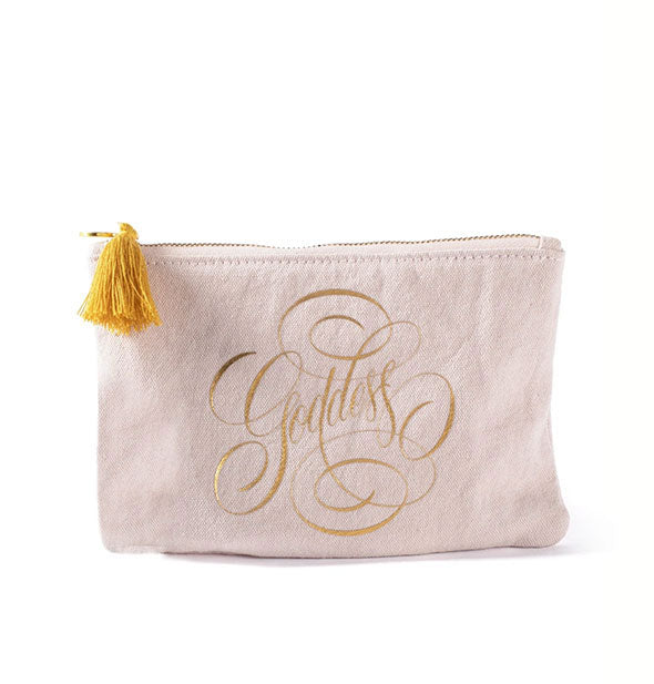 Rectangular pink canvas pouch with gold zipper tassel and decorative metallic gold "Goddess" script