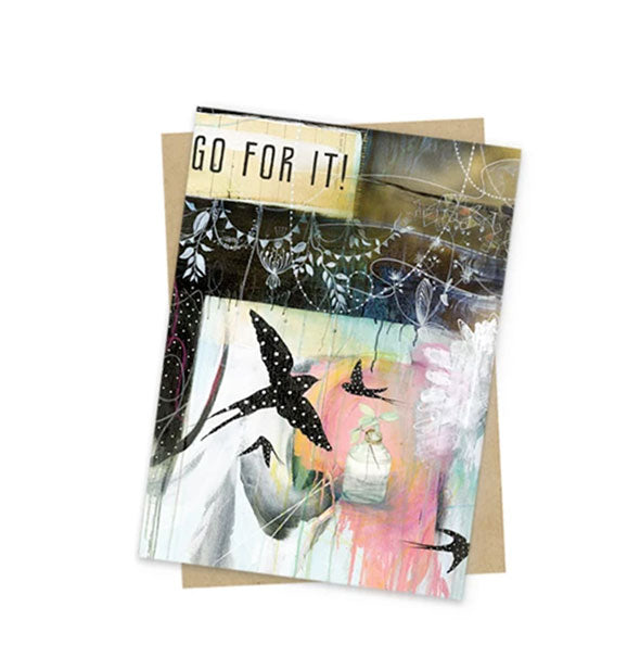 Greeting card with intricate floral and bird design says, "Go for it!" in the top left corner