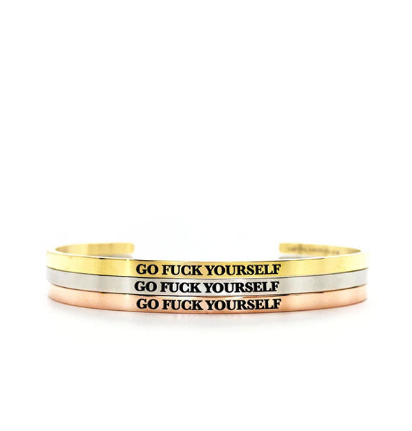 metal bracelets go fuck yourself in gold silver and rose gold