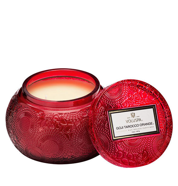 Rounded red embossed glass jar candle with lid