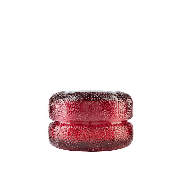 Embossed red glass macaron-style candle jar with lid