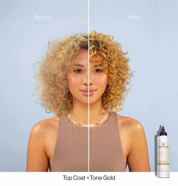 Side-by-side comparison of model's hair before and after toning with gold Pureology Color Fanatic Top Coat
