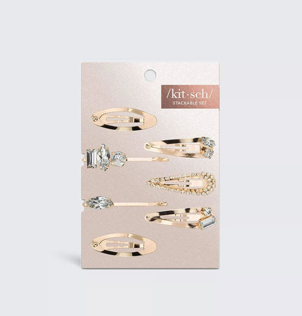 Pack of six stackable gold snap clips and bobby pins with rhinestone accents on Kitsch product card