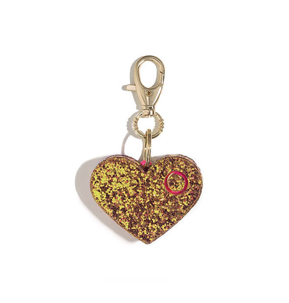 Gold glitter heart-shaped personal alarm with gold lobster clasp attached