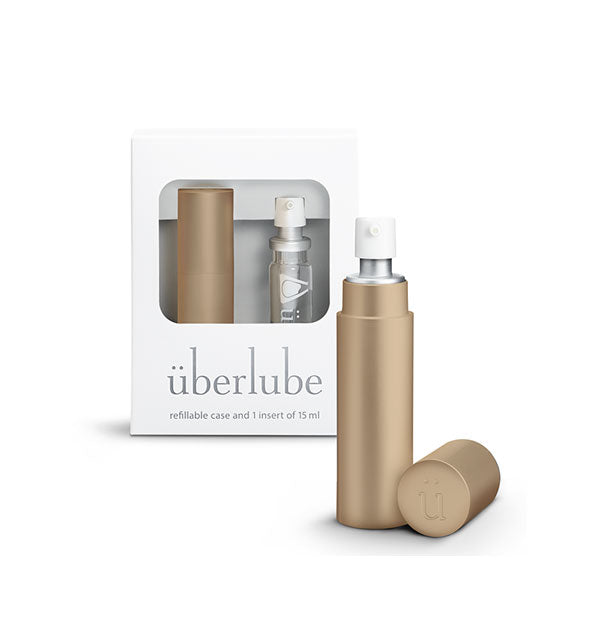 Gold überluibe refillable case with one 15ml insert shown in and out of packaging