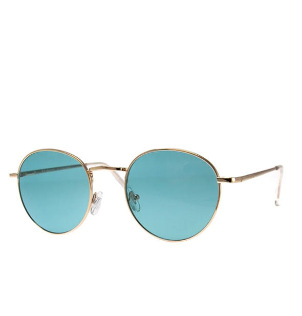 Sunglasses with a rounded metal frame and teal lenses