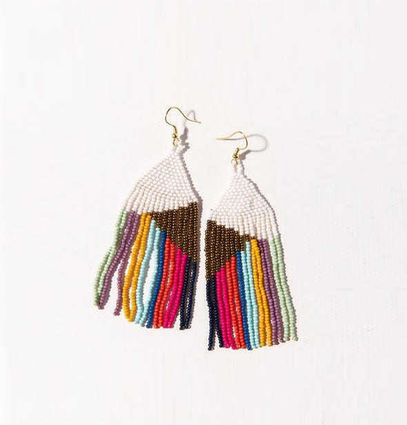 Pair of colorful glass bead fringe earrings with white and gold angular top sections and gold fish hooks