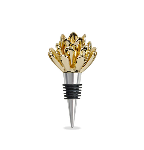 Metallic and silicone bottle stopper features a shiny gold top that resembles a taper candle holder