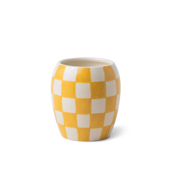 White and yellow checkered candle vase