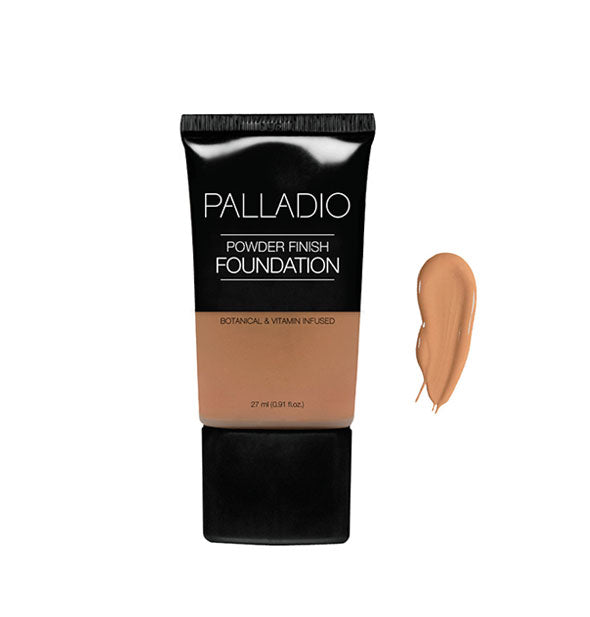 Tube of Palladio Powder Finish Foundation with sample to the right in the shade Golden Beige