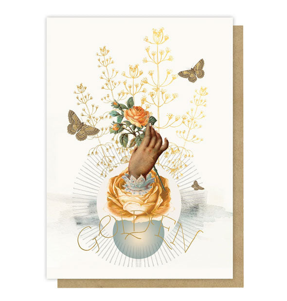 White greeting card with intricate floral, butterfly, and hand illustration says, "Golden" near the bottom in slender decorative lettering