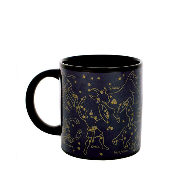 Black coffee mug with all-over gold constellation designs