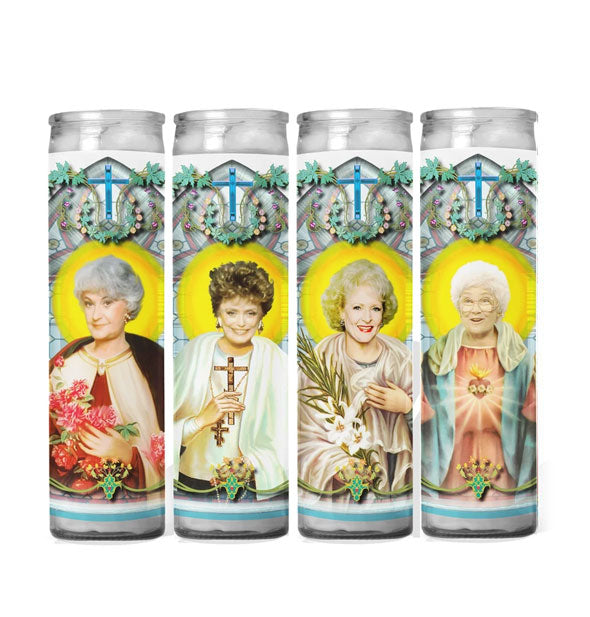 Grouping of four prayer candles with images of each of the main Golden Girls TV show characters portrayed as saints
