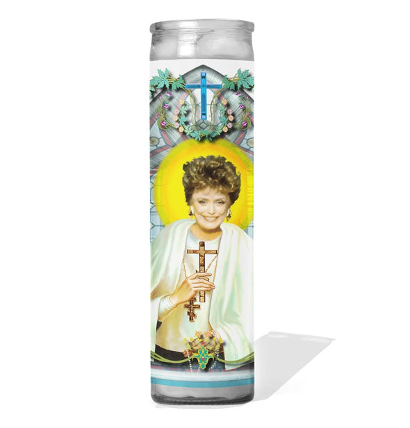 Glass cathedral style prayer candle featuring image of Golden Girls character Blanche Devereaux portrayed as a saint