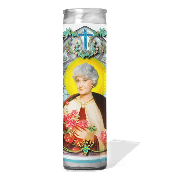 Glass cathedral style prayer candle featuring image of Golden Girls character Dorothy Zbornak portrayed as a saint