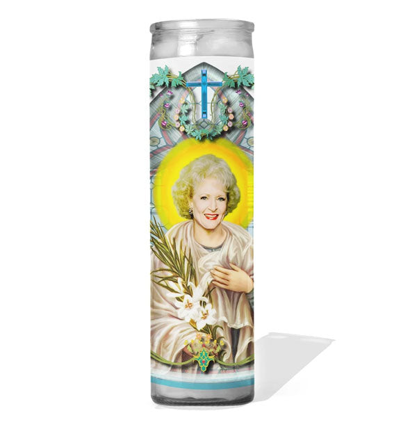 Glass cathedral style prayer candle featuring image of Golden Girls character Rose Nylund portrayed as a saint