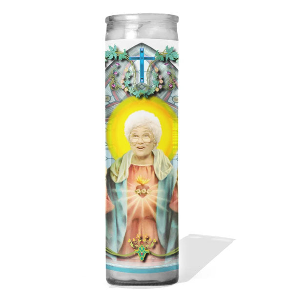 Glass cathedral style prayer candle featuring image of Golden Girls character Sophia Petrillo portrayed as a saint