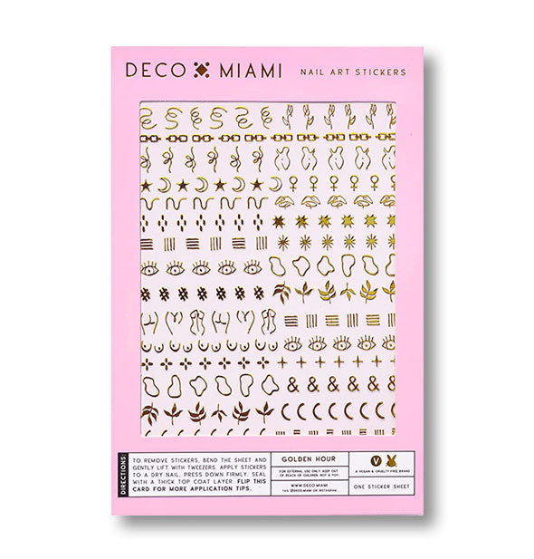 Pack of Deco Miami Nail Art Stickers with squiggles, nude figures, eyes, lines, and other metallic gold line art designs