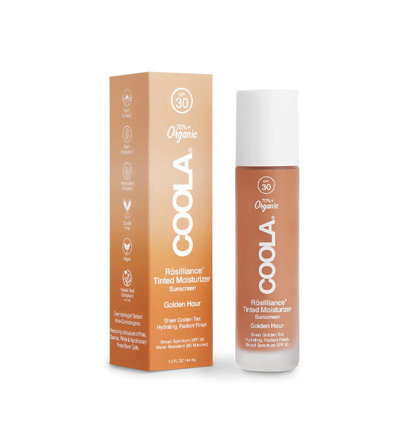 Bottle and box of COOLA Organic Rosilliance Tinted Moisturizer Sunscreen in Golden Hour