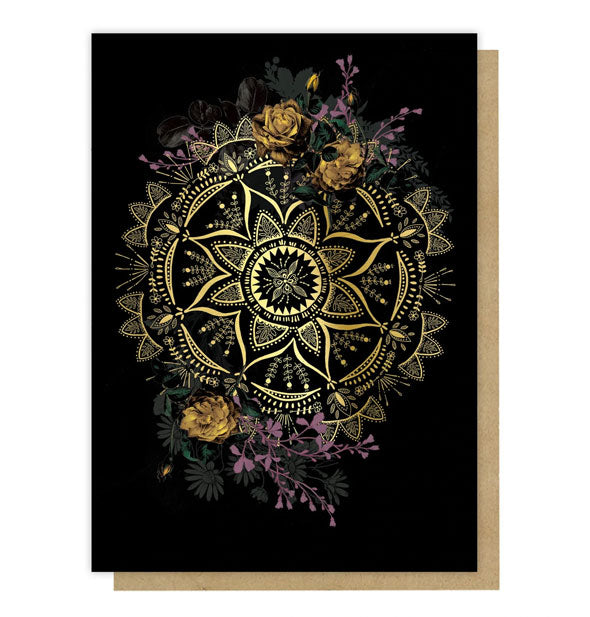 Black greeting card with metallic gold foil mandala design surrounded by purple and orange flowers