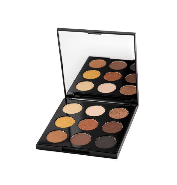 Square black mirrored eyeshadow palette with nine shades in warm, brownish hues