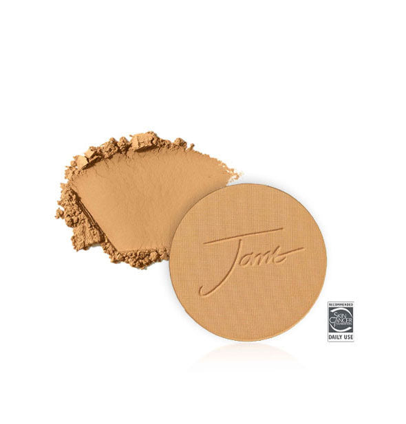 Jane Iredale PurePressed Base Mineral Foundation Refill with sample product swatch behind in the shade Golden Tan
