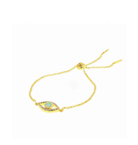 Gold chain bracelet with slide adjuster and Evil Eye pendant with central blue synthetic opal surrounded by tiny cubic zirconia stones