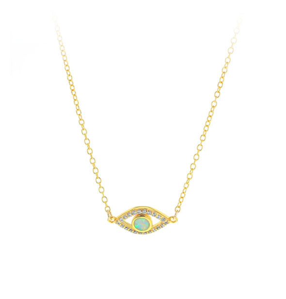 Gold Evil Eye pendant necklace features a central blue synthetic opal surrounded by tiny cubic zirconia stones