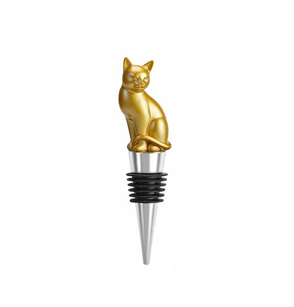 Metal and silicone wine bottle stopper topped with a sitting gold cat