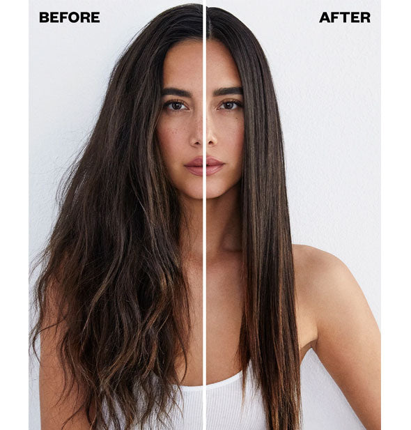 Before and after results of styling with IGK Good Behavior Spirulina Protein Smoothing Blowout Balm