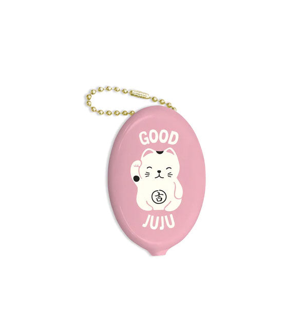 Pink oval-shaped coin pouch with attached gold bead chain features lucky cat illustration with the words, "Good Juju"