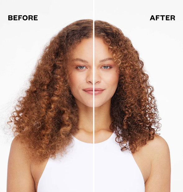 Side-by-side comparison of model's very curly hair before and after styling with IGK Good Spin Flexible Curl Defining Gelee