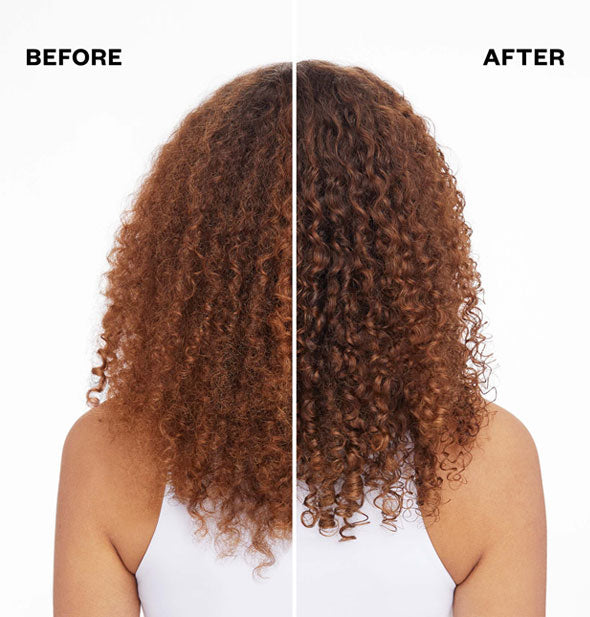 Side-by-side comparison of model's very curly hair before and after styling with IGK Good Spin Flexible Curl Defining Gelee
