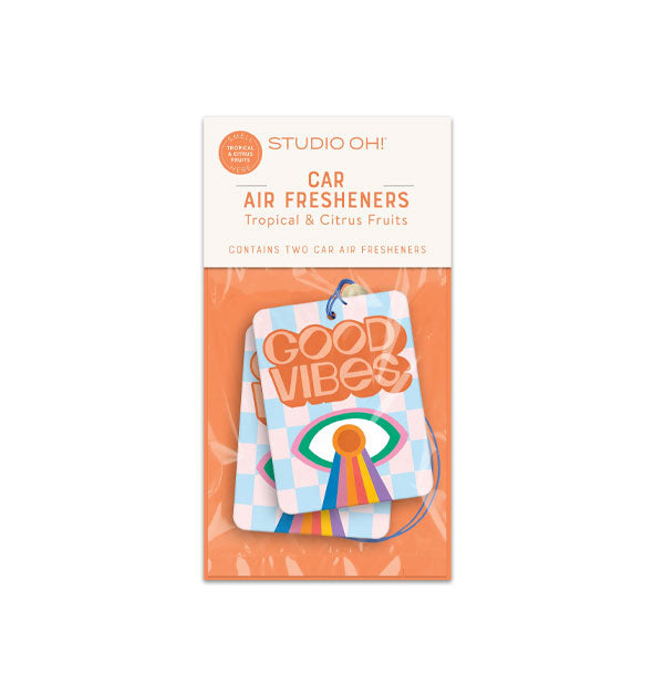 Pack of two Car Air Fresheners in Tropical & Citrus Fruits scent that feature a rainbow eye design and retro-style lettering