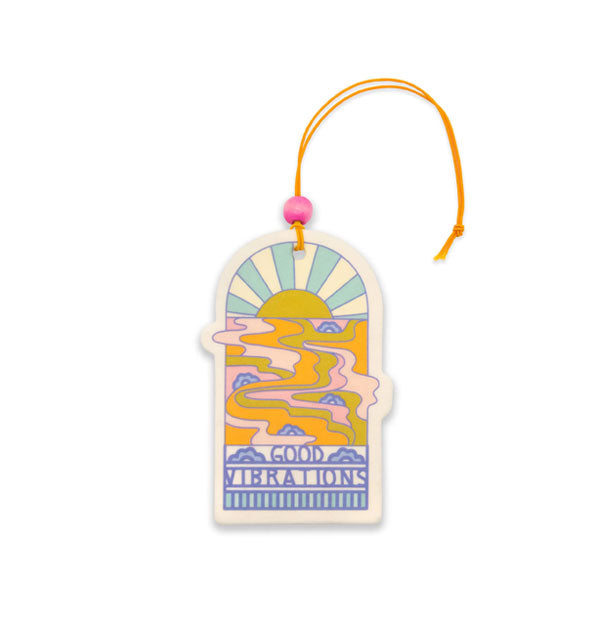 Car air freshener on string with bead features e a retro-style setting sun and water design above the words, "Good Vibrations"