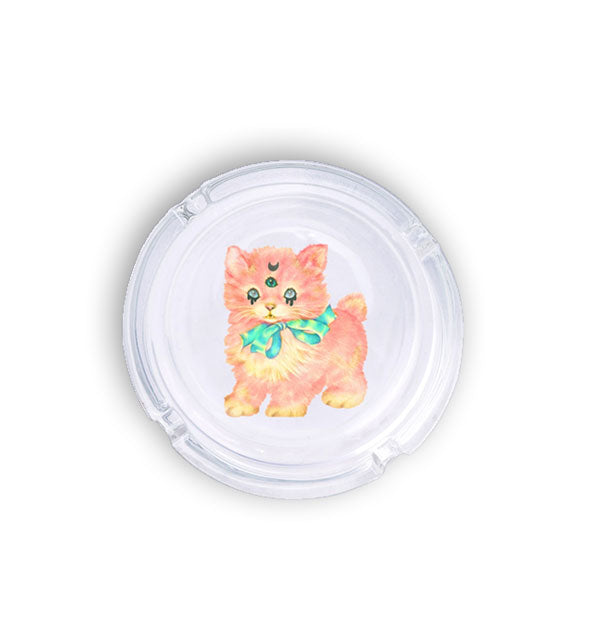 Round glass ashtray with illustration of an orange kitten with Goth-style makeup wearing a teal bow