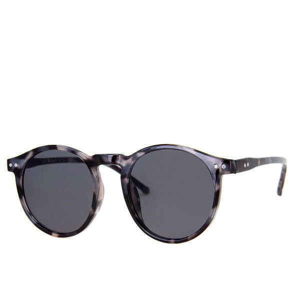 Pair of sunglasses with gray tortoise frame and dark gray tint