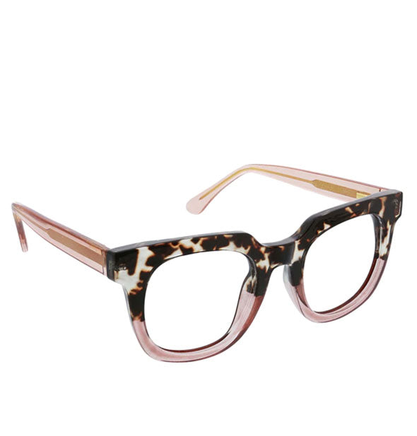 Pair of predominantly pinkish-purple translucent glasses with upper tortoise pattern