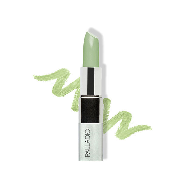 Stick of Palladio concealer in a green shade with sample squiggle drawn behind