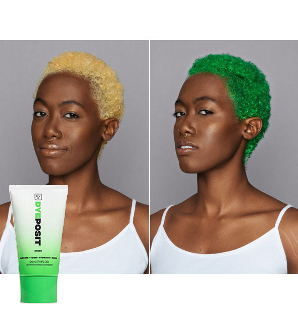 Model's hair before and after using Good Dye Young DYEposit in Green
