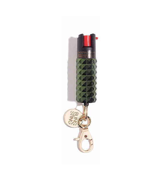 Green studded pepper spray canister with rose gold Blingsting tab and lobster clasp