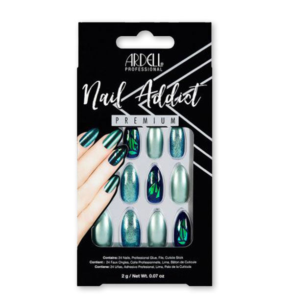 A pack of Ardell Professional Nail Addict Premium press-on nails shown in iridescent green varieties.